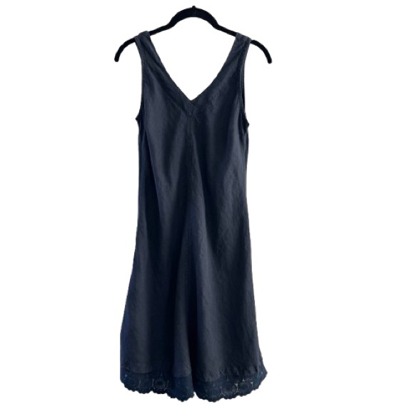 Haris Cotton Lace Hem Dress 100% Linen Marine Blue V Neck Minimal Sleeveless - Picture 1 of 10